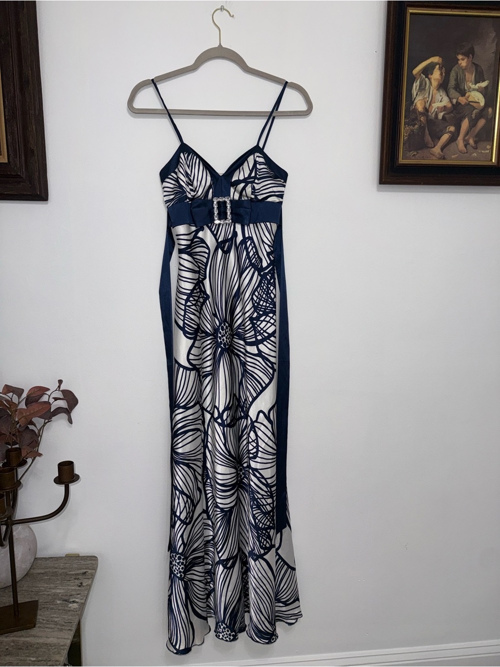 B Darlin Navy and White Floral Maxi Slip Dress with Buckle Belt